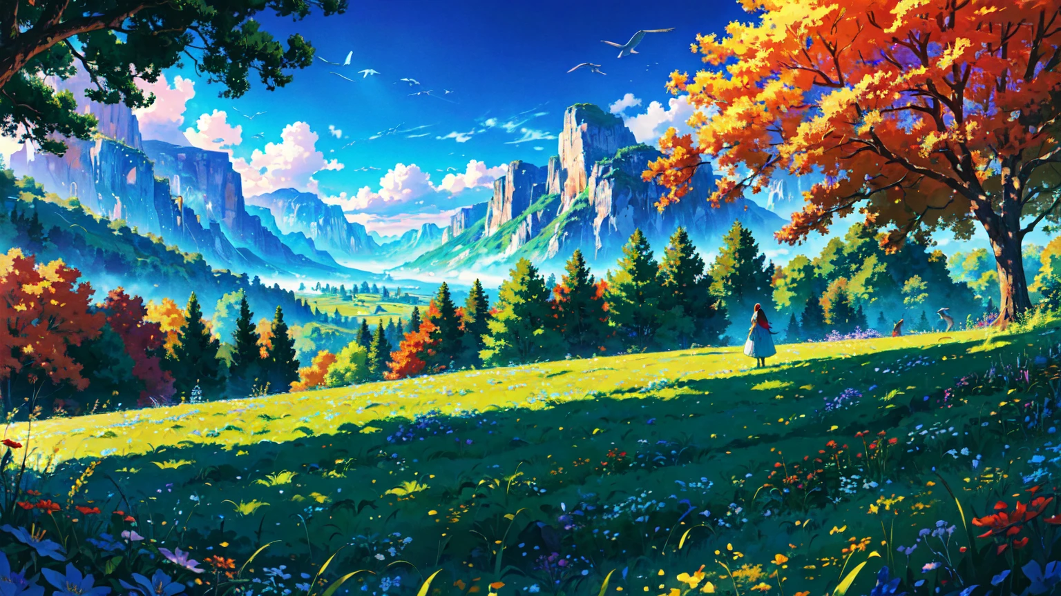 a woman stood from afar on the grass, woman from a distance, landscape, clear blue sky and underneath a large valley mountain with flower colorful color blue red green purple yellow and fantasy world medieval mega-building, rocks, tree branches, fallen leaves, birds, The scene is depicted in a highly saturated and vibrant style, intense and rich colors vivid, rendered with strong exaggerated colors, The sky above is clear blue sky, The atmosphere is full of magical color films, High Detail.