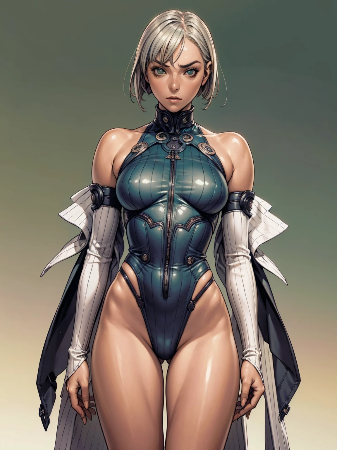 (((Annie Lennox))), ((( striped short shorts ))), (((horizontal stripes))), ((high collar)), (((dark bluish green))), (((best qualityer: 1.4))), (Unbeatable masterpiece), (hiper HD),(CG 8k hyper-realistic), (((brave face))), (((breasts big))), (((hyper feminine))), sexly girl,(long hair with short straight bangs)), ((( sculptural body ))), (((1 girl))), garota cibernética de 25 anos com perfectbody,,Beautiful and well-groomed face,muscular body:1.2,solid color detailed jacket, (Head to thigh photos), Complex equipment, green dark,Long pants,Tight clothes are dark,With white stars and off-white stripes, exposed shoulder, (((standing alone))), pirralha violent, (((fly away))), sexly, pose de atitude, work of art, post-apocalypse, (((manga style))), bounty hunter, violent, Manic, the way you want, slenderbody, thin but strong, perfectbody, roupa moderna, advanced technology, neon, sleeves with vertical striped pattern, neutral background, (( cowboy shot )). intricate visual