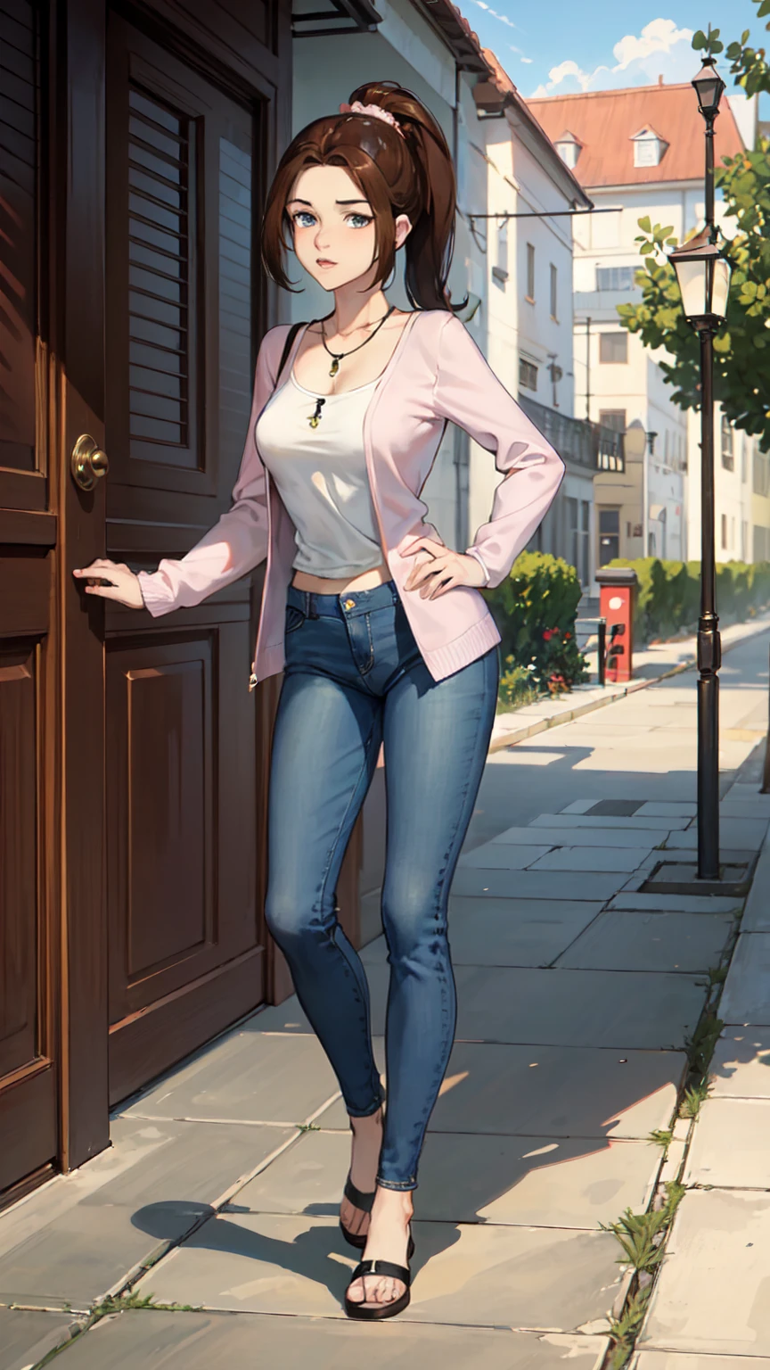 ((Full body photo, standing, on the floor)) KittyPryde_Dress_ownwaifu, 1girl, brown hair, ponytail, necklace, jewelry, blue eyes,  lipstick,long sleeves, lips, long hair, medium breasts, blush, hair bun, scrunchie, makeup, red lips, hair ornament, jeans, denim,  shirt, blue pants, navel, capri pants, pink jacket, cardigan,  absurdres, ultra detailed, masterpiece, best quality, aesthetic, detailed,