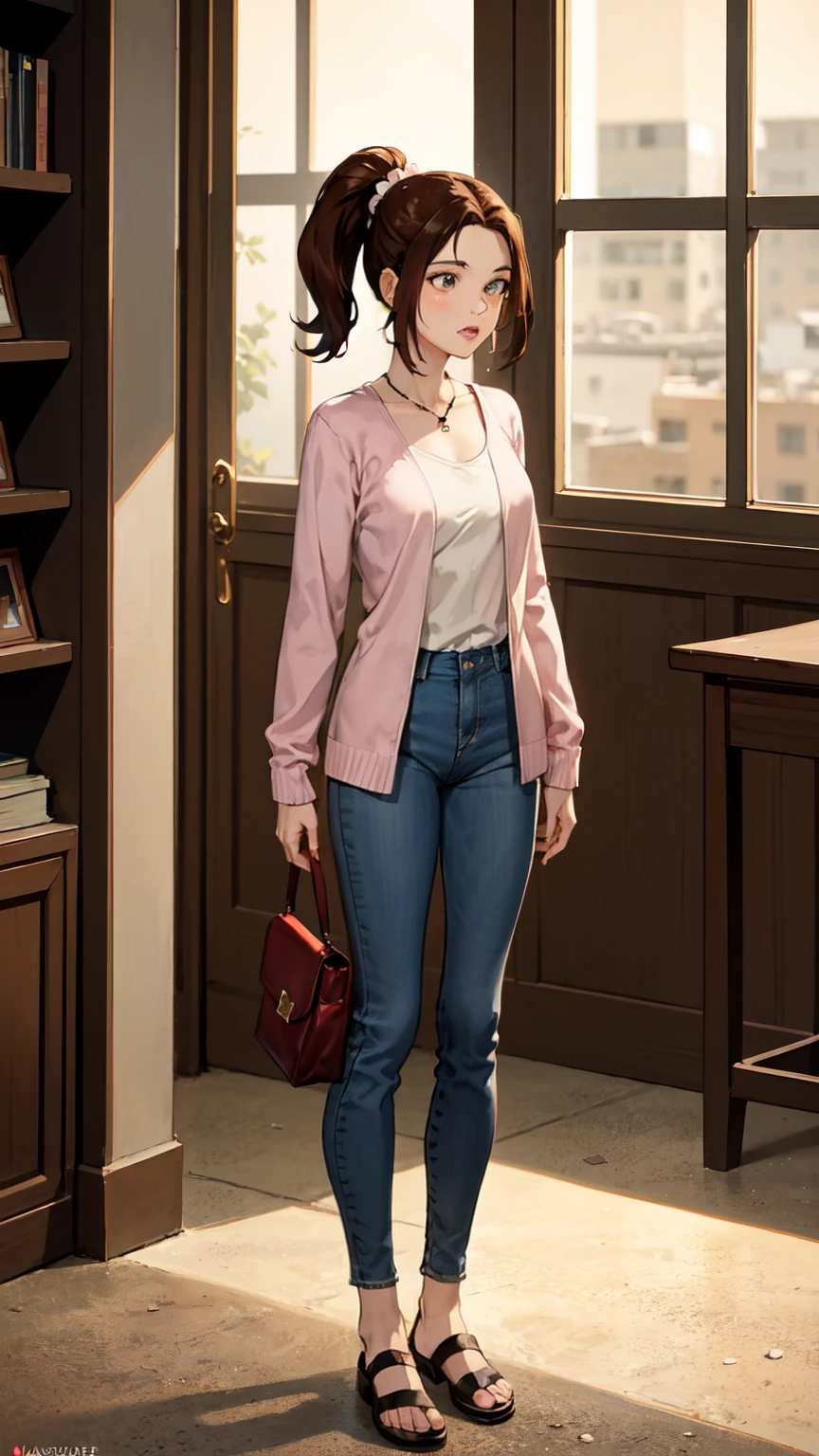 ((Full body photo, standing, on the floor)) KittyPryde_Dress_ownwaifu, 1girl, brown hair, ponytail, necklace, jewelry, blue eyes,  lipstick,long sleeves, lips, long hair, medium breasts, blush, hair bun, scrunchie, makeup, red lips, hair ornament, jeans, denim,  shirt, blue pants, navel, capri pants, pink jacket, cardigan,  absurdres, ultra detailed, masterpiece, best quality, aesthetic, detailed,