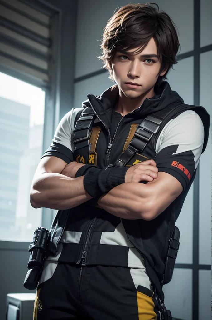 Isquin from free fire with his arms crossed and with a boy's face, one-eyed makeup, flaming streams and a catlike chest