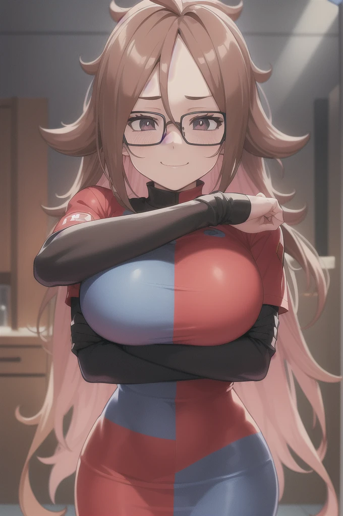 masterpiece, Best Quality, def21, Glasses, plaid dress, lab coat, black pantyhose, Upper part of the body, big breasts, affected smile, frown, looking at the viewer, Closed mouth, worktop, science, Vases, microscope, Crossed arms 