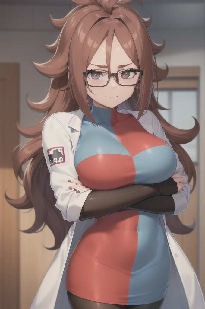 masterpiece, Best Quality, def21, Glasses, plaid dress, lab coat, black pantyhose, Upper part of the body, big breasts, affected smile, frown, looking at the viewer, Closed mouth, worktop, science, Vases, microscope, Crossed arms 