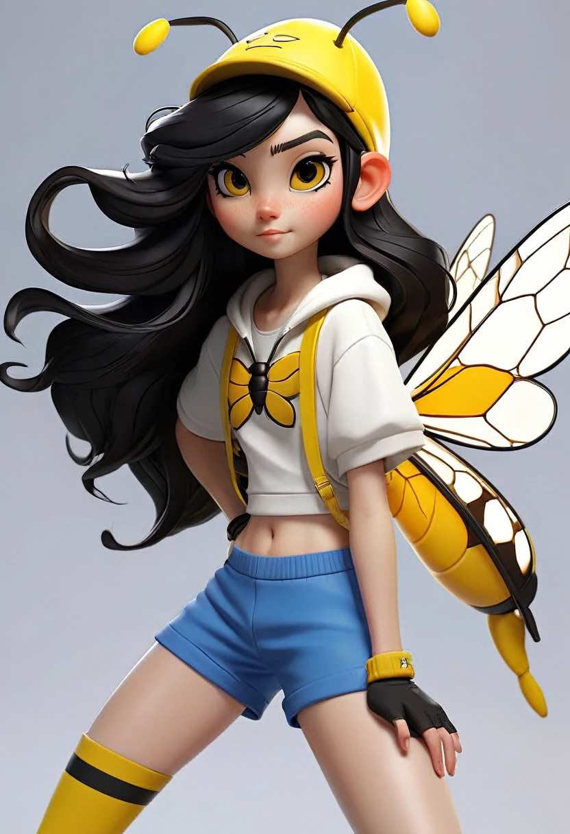 A character with the characteristics: long black hair white skin happy face a yellow and black white outfit with black and yellow shorts and black sneakers with a bee hat with blue wings with the character flying