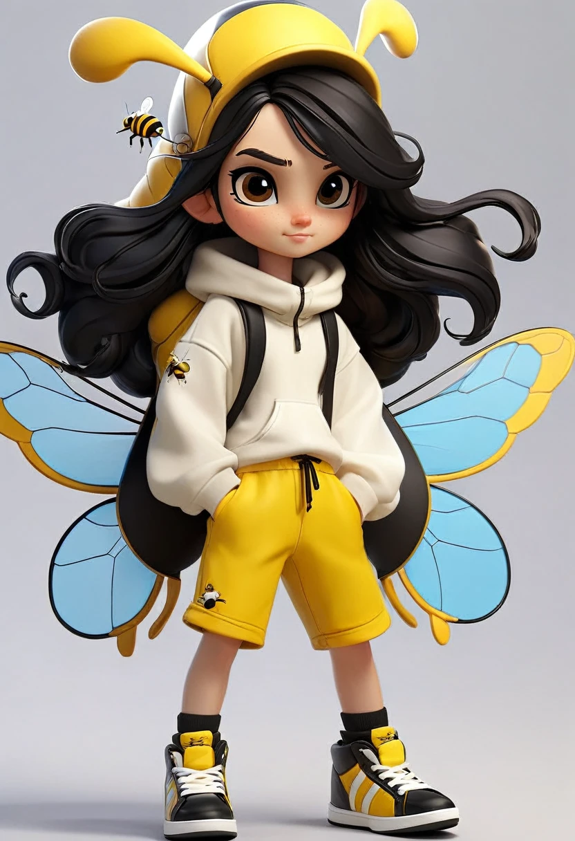 A character with the characteristics: long black hair white skin happy face a yellow and black white outfit with black and yellow shorts and black sneakers with a bee hat with blue wings with the character flying