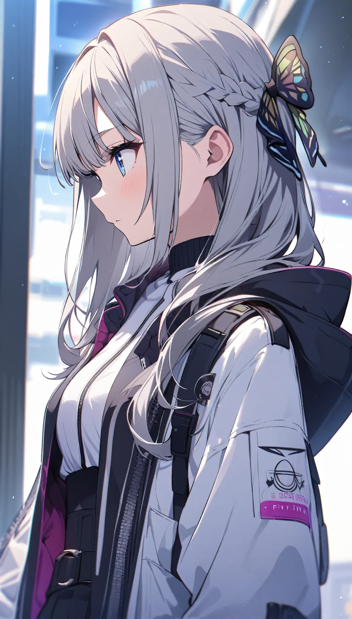 Butterflies are flying、Looking to the side、1girl, looking sideway, stylish, stylish code, large jacket