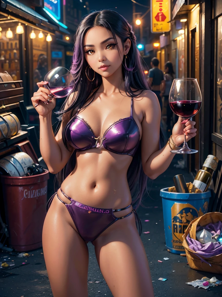 insanely detailed intricate, hyperrealistic airbrush painting of sexy gorgeous most beautiful (((Peruvian|Filipina beauty woman holding wine glass))), in cyberpunk ghetto street, purple and yellow neon lights, littered with trash and metallic junk, (SFW:1.45), trash_bins, digital painting, digital illustration, extreme detail, digital art, 4k, ultra hd, futuristic, cosmic, fantasy art, cinematic color grading, soft lighting