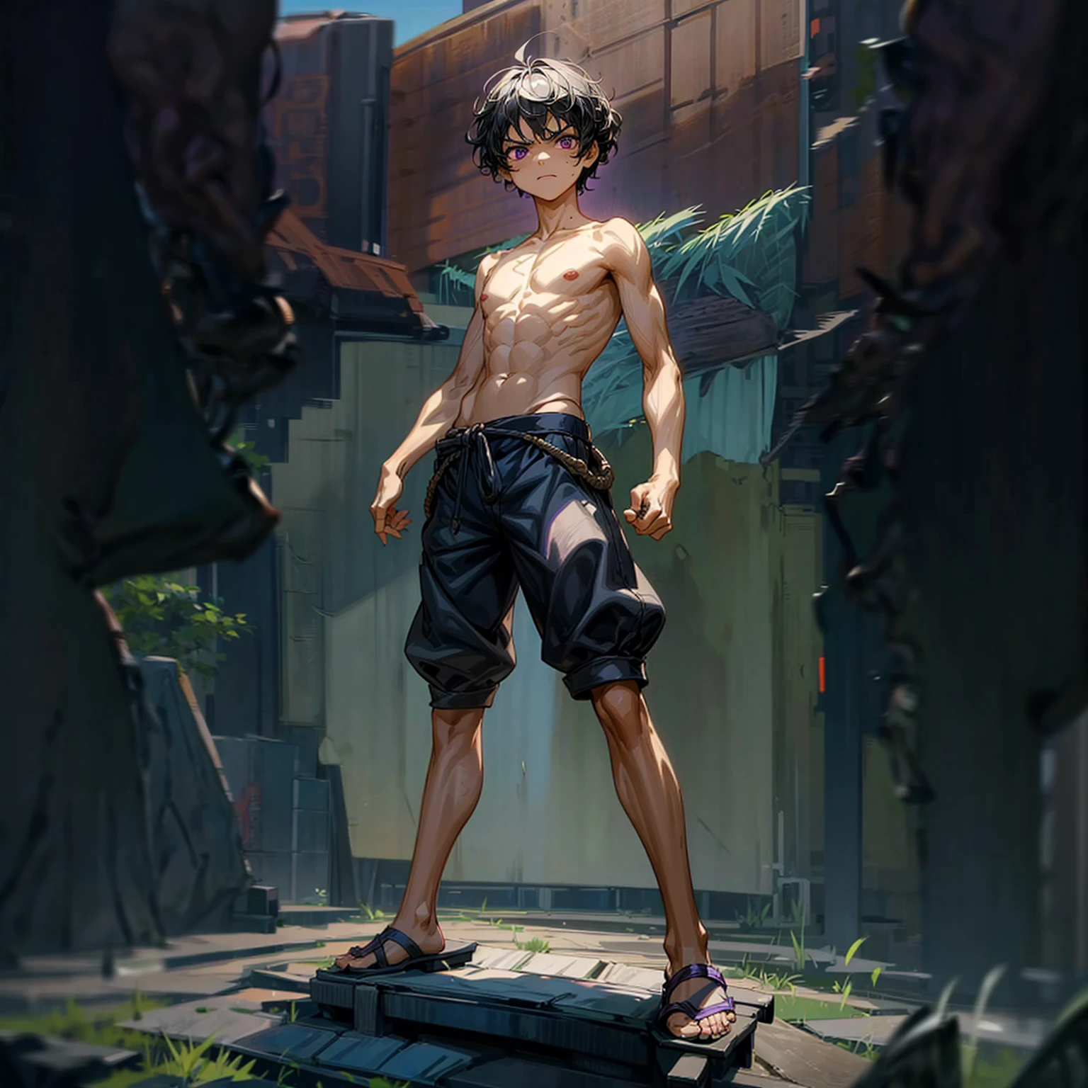 1children boy, Full body version, 1character, purple eyes, short haircut, angry eyes, black color hair, topless, sandals, Grassroots, full background in town, motion blur, lighting, (one piece art), standing gesture