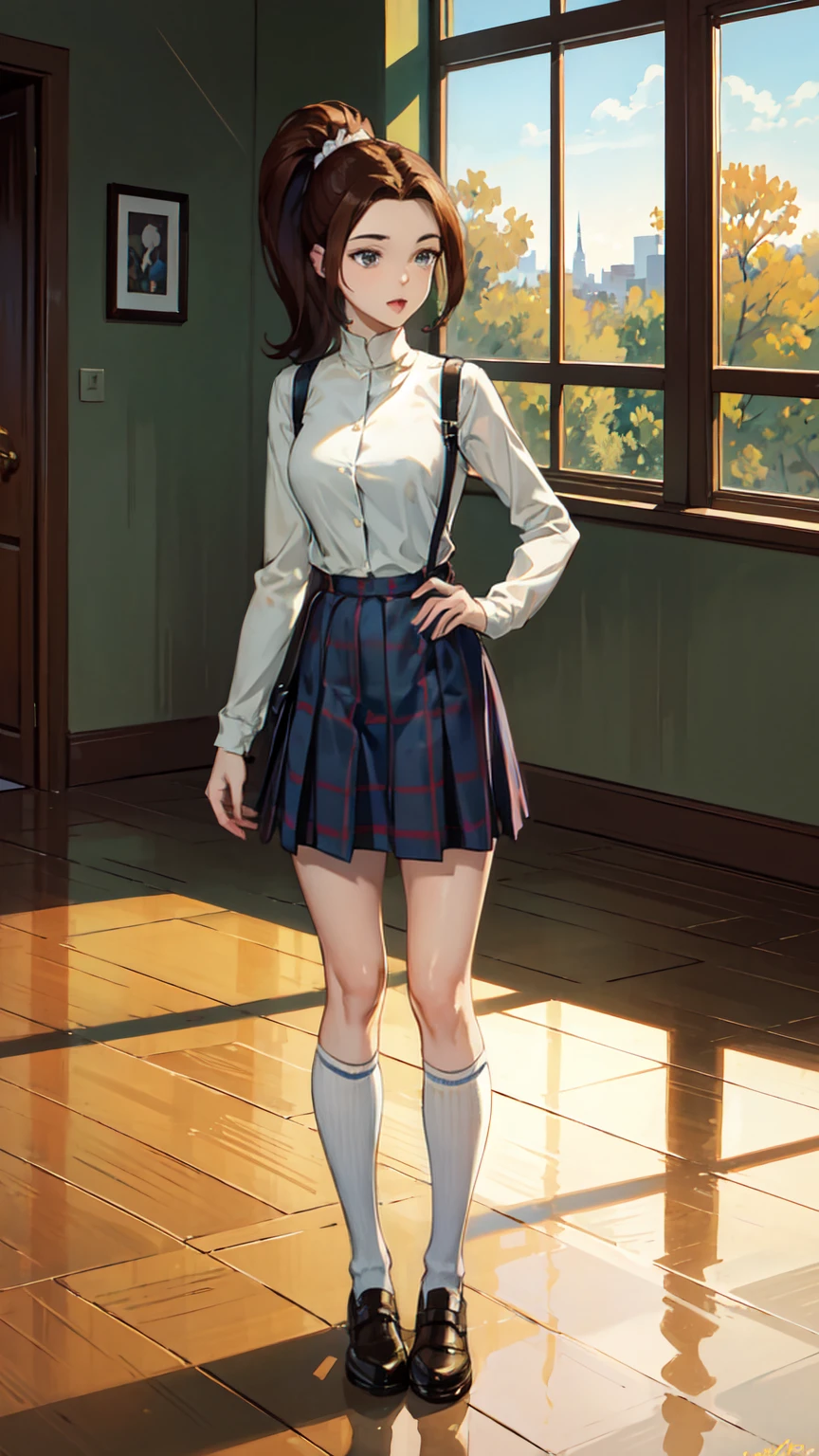 ((Full body photo, standing, on the floor)) KittyPryde_Dress_ownwaifu, 1girl, brown hair, ponytail, jewelry, blue eyes,  lipstick,long sleeves, lips, long hair, medium breasts, blush, hair bun,   GirlSuspenders, white turtleneck, suspenders, plaid skirt,, absurdres, ultra detailed, masterpiece, best quality, aesthetic, detailed,