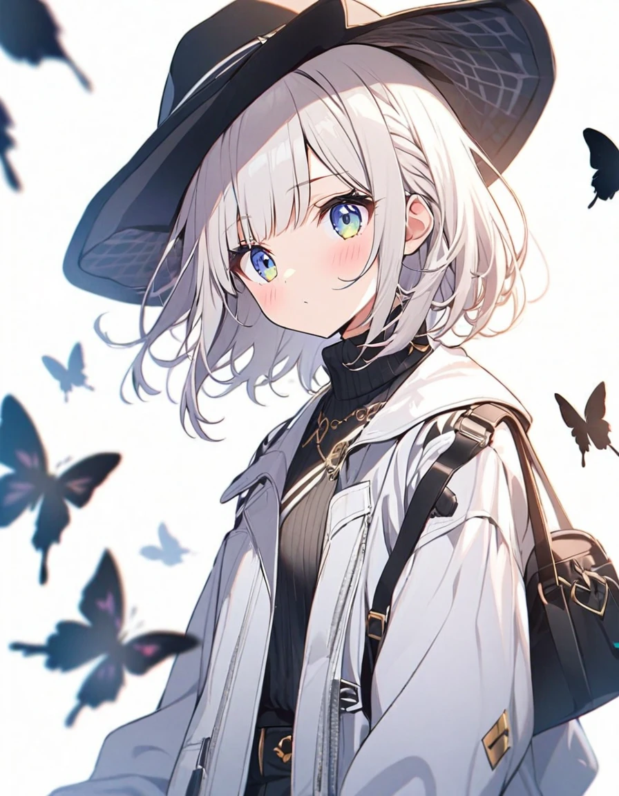 Butterflies are flying、Looking to the side、1girl, stylish, stylish code, large jacket, simple white background