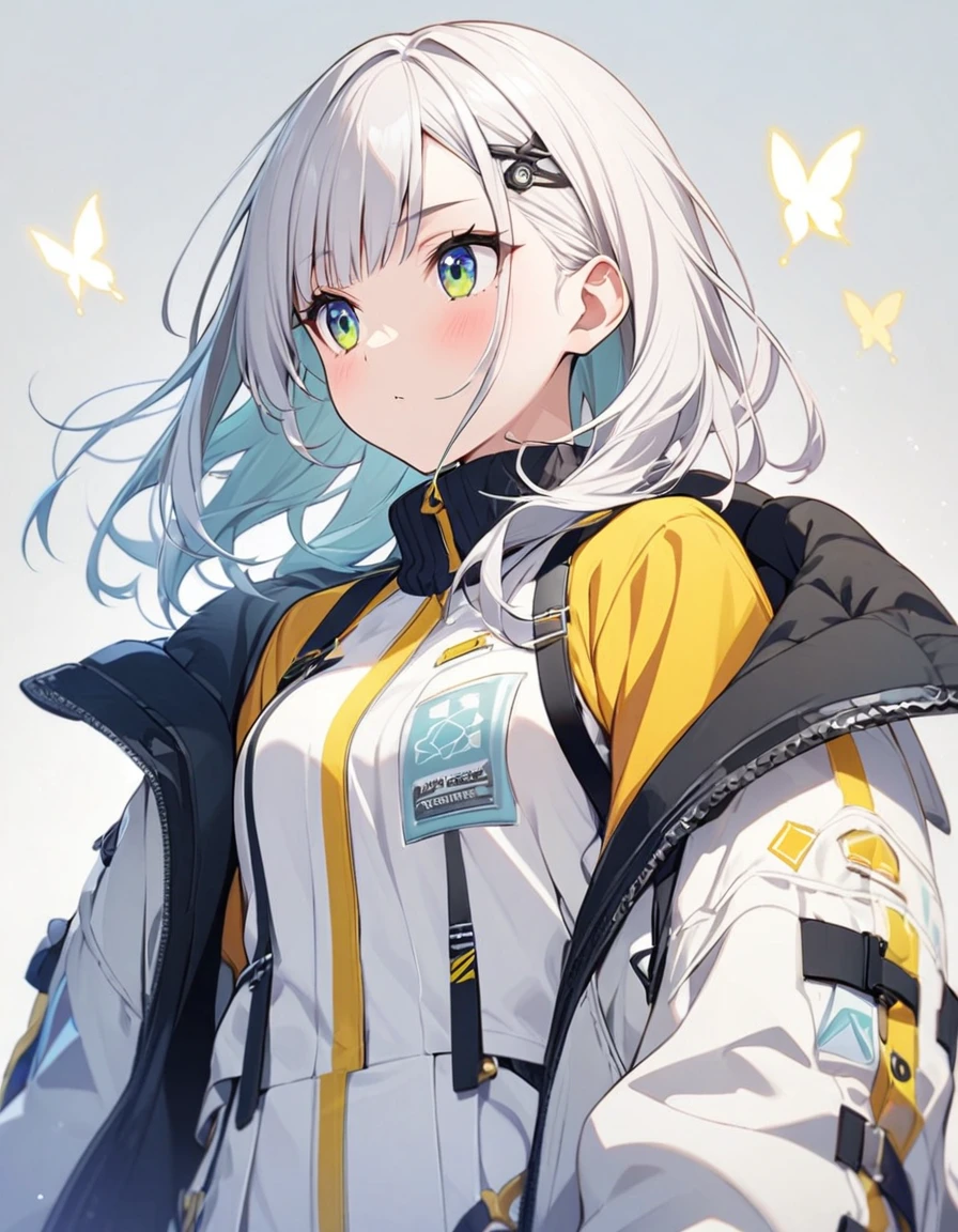 Butterflies are flying、Looking to the side、1girl, stylish, stylish code, large jacket, simple white background