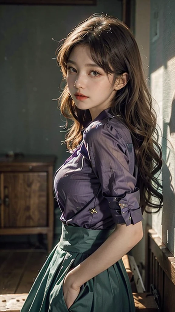 detailed background, masterpiece, best quality, 1 person , curly hair, long hair, purple eyes, star in eye , green long blouse, long  skirt, covering whole body 