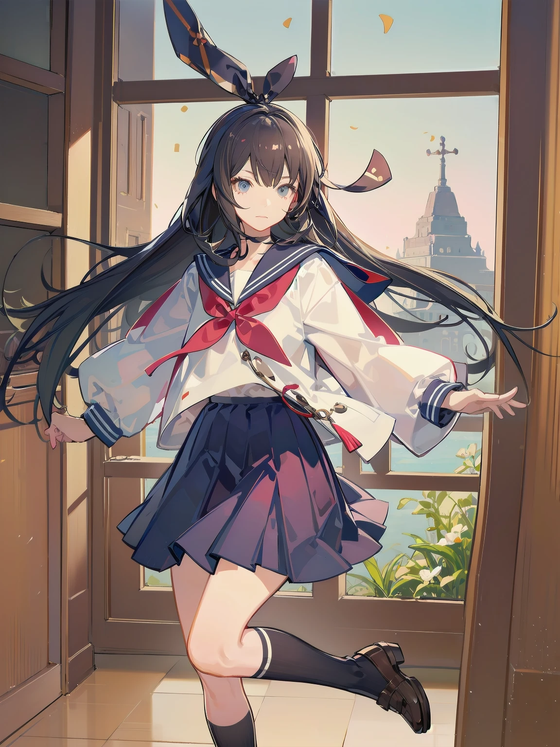 Masterpiece, illustration, super detailed, kawaii, one girl, 独奏, slender , Japanese girl, chou chou, ribbon, nape of neck, low ponytail, cute pose in Less revealing attire, (Sailor uniform from Girls' Saint Academy, navy blue, white with 3 lines on collar), priss skirt, white socks, loafers,  , Long Sleeves, White innerwear for sailor suit, living room, cowgirl shot, sfw, dynamic angle、Close-up on the characters、(building, city、A dense fog of fluorescent particles、１８００Era、Japanese Style、Fiction、grow、Overwhelming、Detailed street）、A beautiful girl with a beautiful background and a super cute pose
