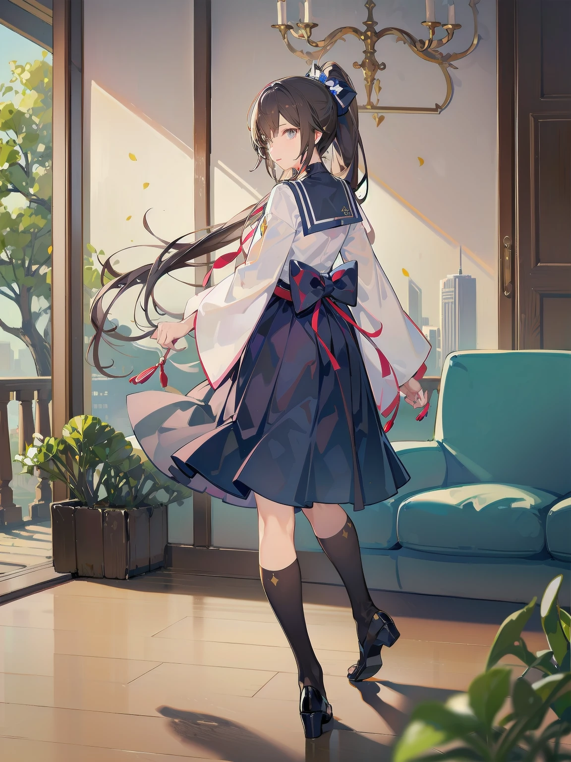 Masterpiece, illustration, super detailed, kawaii, one girl, 独奏, slender , Japanese girl, chou chou, ribbon, nape of neck, low ponytail, cute pose in Less revealing attire, (Sailor uniform from Girls' Saint Academy, navy blue, white with 3 lines on collar), priss skirt, white socks, loafers,  , Long Sleeves, White innerwear for sailor suit, living room, cowgirl shot, sfw, dynamic angle、Close-up on the characters、(building, city、A dense fog of fluorescent particles、１８００Era、Japanese Style、Fiction、grow、Overwhelming、Detailed street）、A beautiful girl with a beautiful background and a super cute pose
