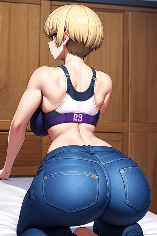 4k, masterpiece, high resolution, 3D art style, Uzaki Hana, 1girl, blond hair, slender hips, thick thighs, huge round ass, sport bra and ripped long pant, kneeling on the bed, changing clothes, view from behind