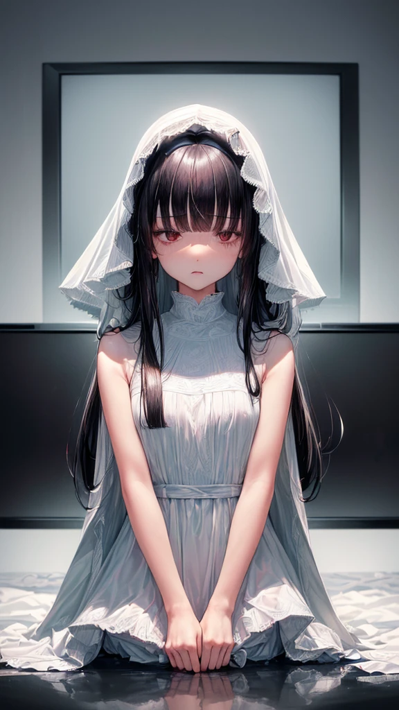 (masterpiece, highest quality, ultra high res, ultra detailed:1.3), 1 girl, slender body, (black hair:1.4), very long straight hair, white simple dress, (bangs covered her face, bangs covered her both eyes:1.4), closed eyes, (crawling out from the TV screen, The lower half of her body is buried in the TV screen:1.4), looking down that viewer can not see her face, 