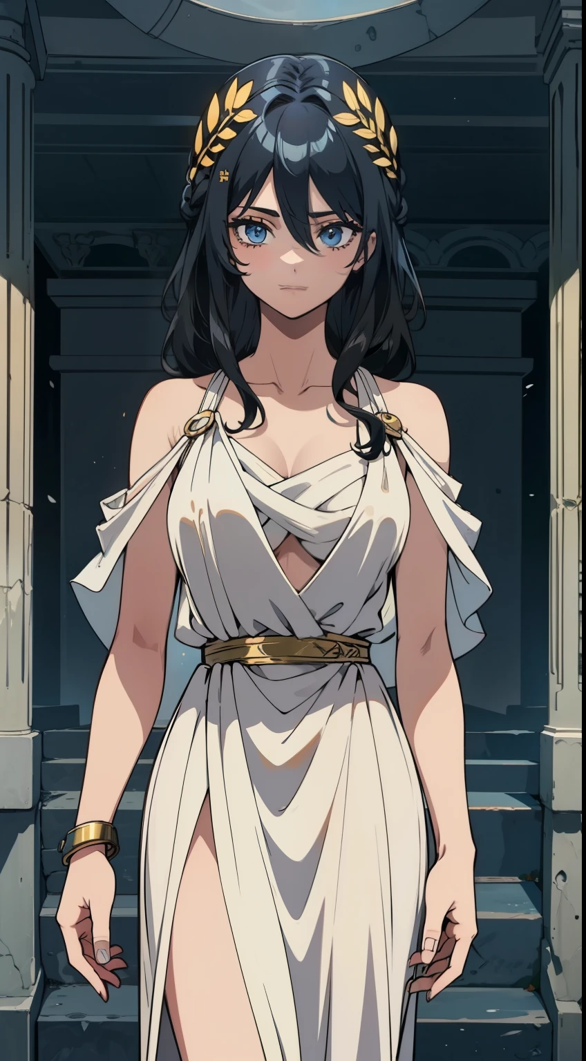 (high qualiy, Breathtaking),(expressive eyes, face perfect) 1 girl, Female, standing alone, grown-up, dark black hair, blue highlights in hair, skin tanned, clear light blue eyes, medium hair length, spiky and fluffy hair, wavy curly hair, black dress with gold details, Tunic, Greek goddess, ancient greek dress, greek clothing, symmetrical eyes, portraite, halfbody, positive expression, fundo cinza, chic, mellow, comely, soft smiling, hair between the eyes, SunsetHuman, collared
