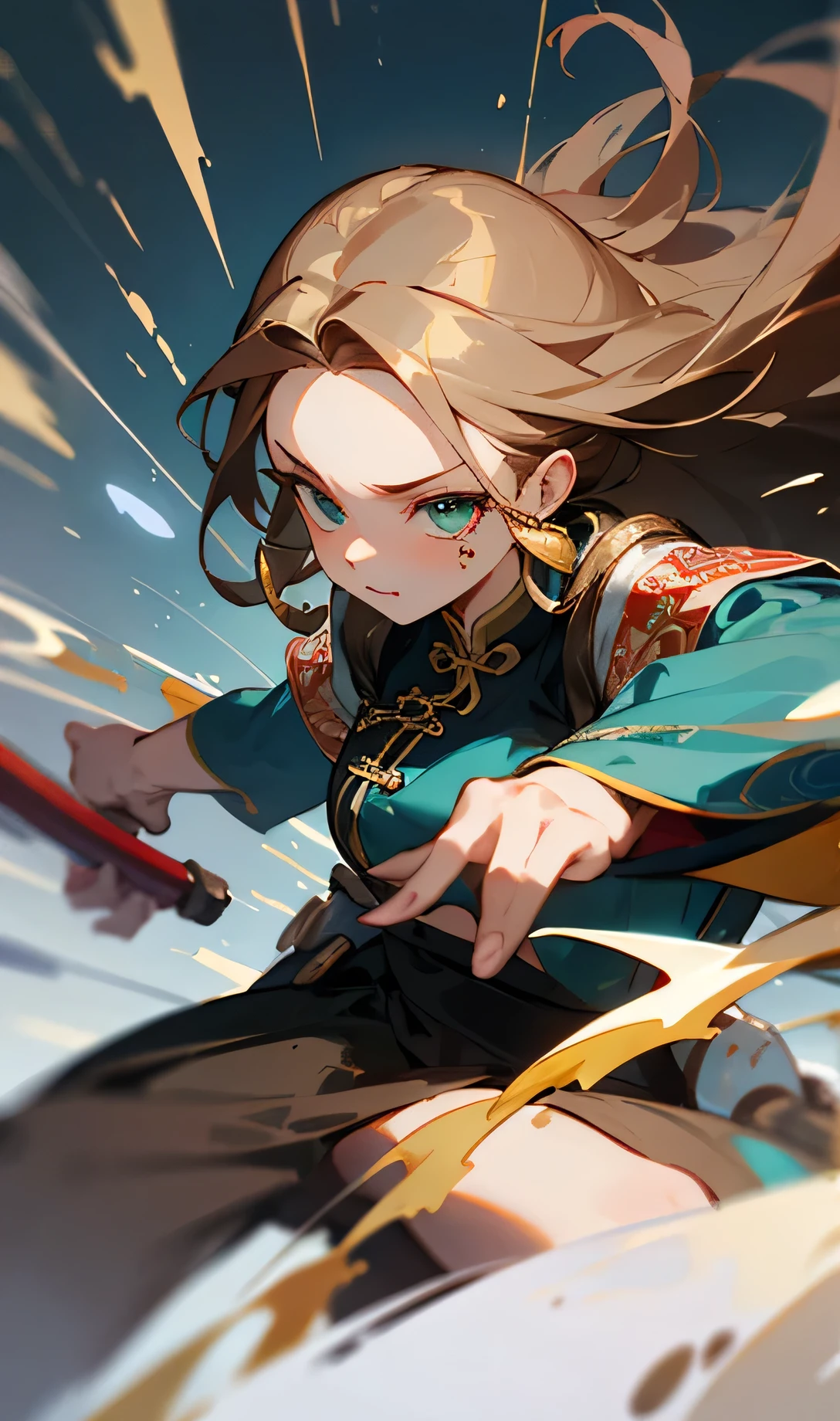 Girl,Nomadic,folk-custom,Brown long hair,Blue-green eyes,Amount revealed,Forehead,Gold Jewellery,Chinese style,action design,fashionable,dynamic,breeze