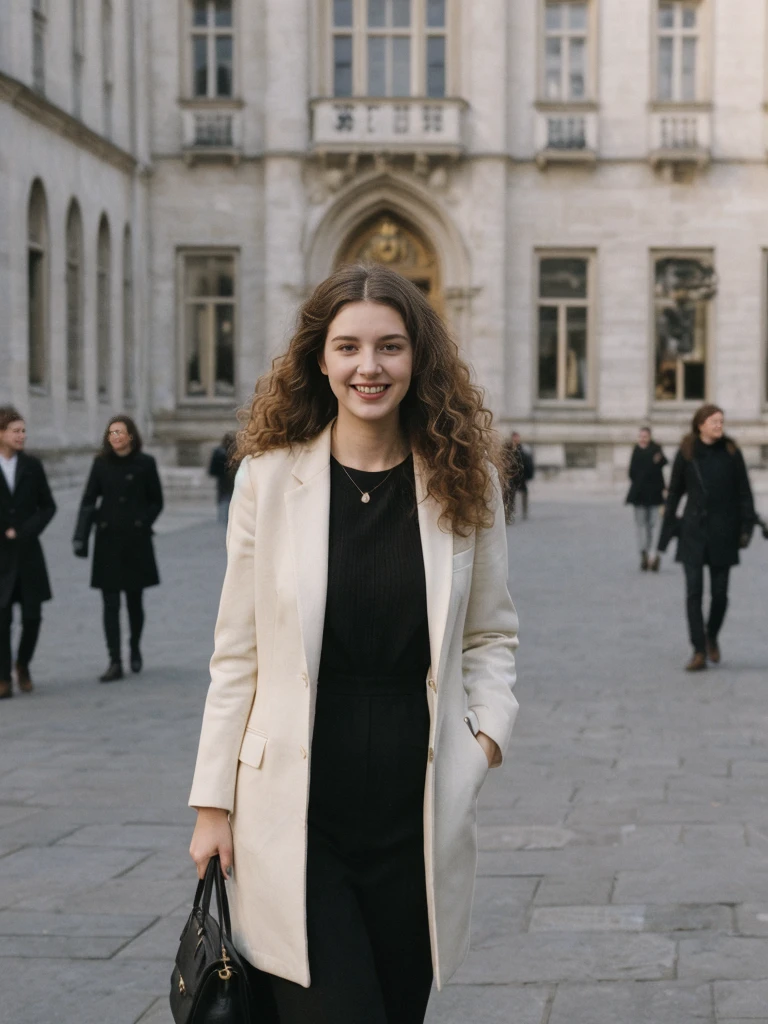 her name is Amelie, high quality, 1girl, ((25-year-old fit Caucasian woman)), ((25 years old)), ((BODY TYPE: HOURGLASS)), ((LONG CURLY HAIR)), SMILING, pose: standing, wearing Well-dressed Generation-Z modern wear VARIETY colored, BACKGROUND:  "Strolling through the Grand Place, with its Flemish architecture and lively atmosphere."