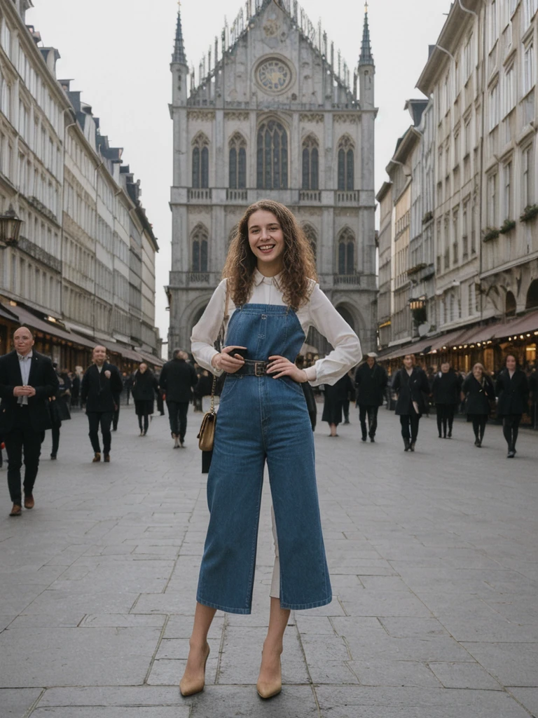 her name is Amelie, high quality, 1girl, ((25-year-old fit Caucasian woman)), ((25 years old)), ((BODY TYPE: HOURGLASS)), ((LONG CURLY HAIR)), SMILING, pose: standing, wearing Well-dressed Generation-Z modern wear VARIETY colored, BACKGROUND: "Strolling through the Grand Place, with its Flemish architecture and lively atmosphere."