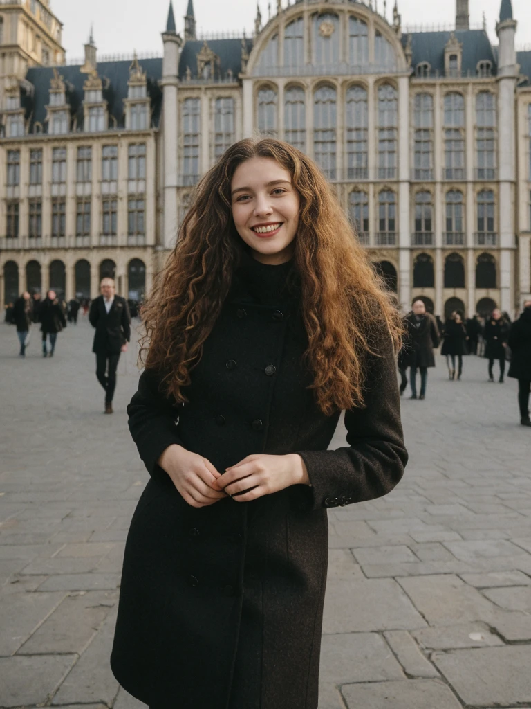 her name is Amelie, high quality, 1girl, ((25-year-old fit Caucasian woman)), ((25 years old)), ((BODY TYPE: HOURGLASS)), ((LONG CURLY HAIR)), SMILING, pose: standing, wearing Well-dressed Generation-Z modern wear VARIETY colored, BACKGROUND:  "Strolling through the Grand Place, with its Flemish architecture and lively atmosphere."