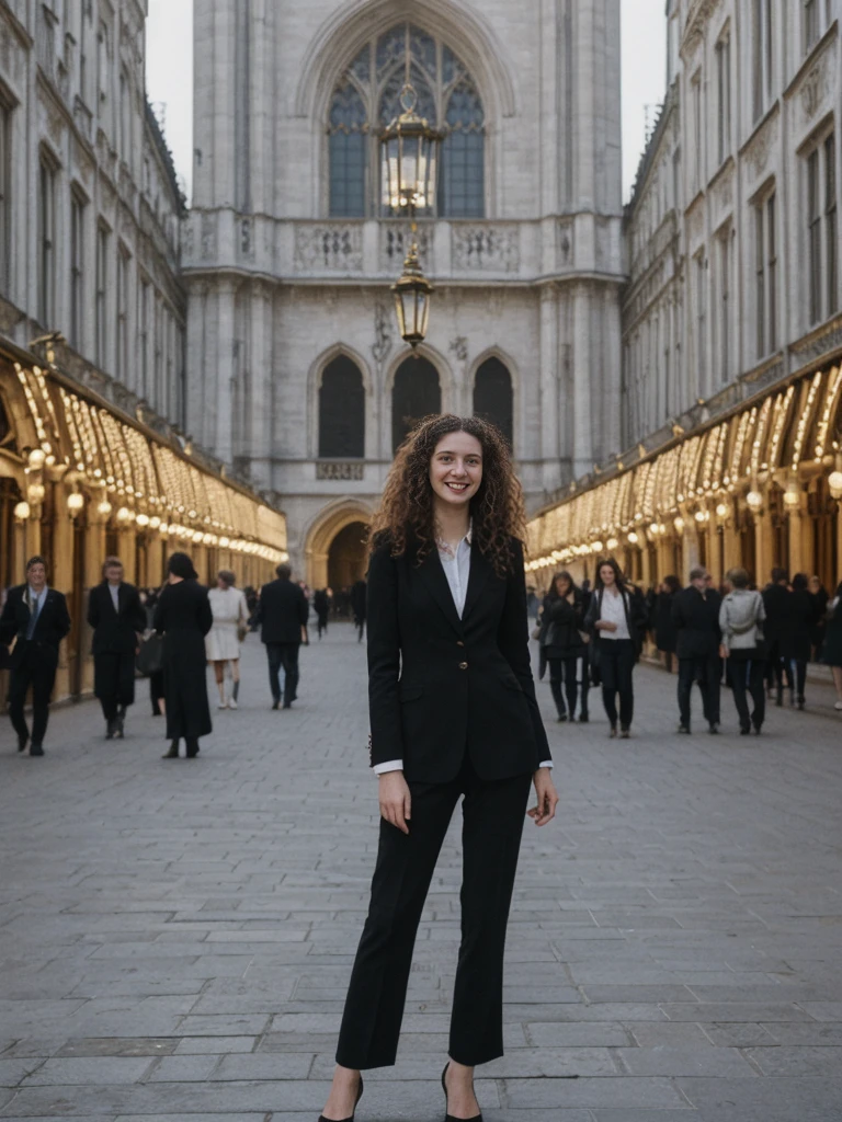 her name is Amelie, high quality, 1girl, ((25-year-old fit Caucasian woman)), ((25 years old)), ((BODY TYPE: HOURGLASS)), ((LONG CURLY HAIR)), SMILING, pose: standing, wearing Well-dressed Generation-Z modern wear VARIETY colored, BACKGROUND:  "Strolling through the Grand Place, with its Flemish architecture and lively atmosphere."