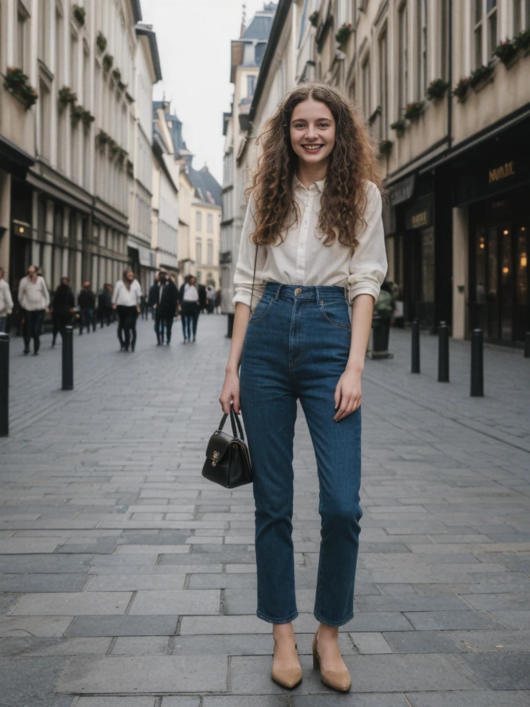 her name is Amelie, high quality, 1girl, ((25-year-old fit Caucasian woman)), ((25 years old)), ((BODY TYPE: HOURGLASS)), ((LONG CURLY HAIR)), SMILING, pose: standing, wearing Well-dressed Generation-Z modern wear VARIETY colored, BACKGROUND: "Strolling through the Grand Place, with its Flemish architecture and lively atmosphere."