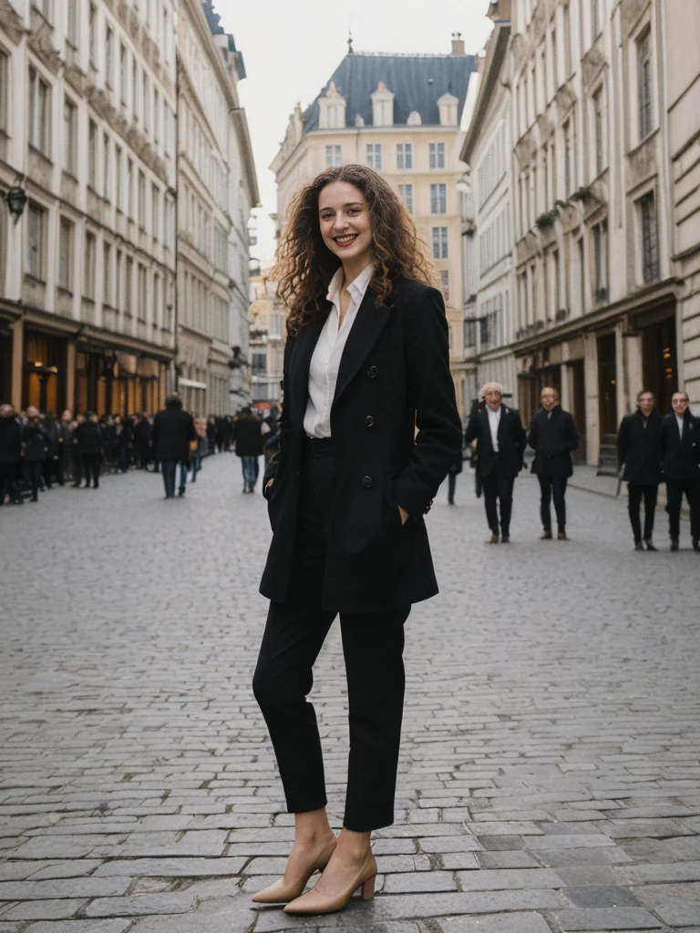 her name is Amelie, high quality, 1girl, ((25-year-old fit Caucasian woman)), ((25 years old)), ((BODY TYPE: HOURGLASS)), ((LONG CURLY HAIR)), SMILING, pose: standing, wearing Well-dressed Generation-Z modern wear VARIETY colored, BACKGROUND:  "Strolling through the Grand Place, with its Flemish architecture and lively atmosphere."