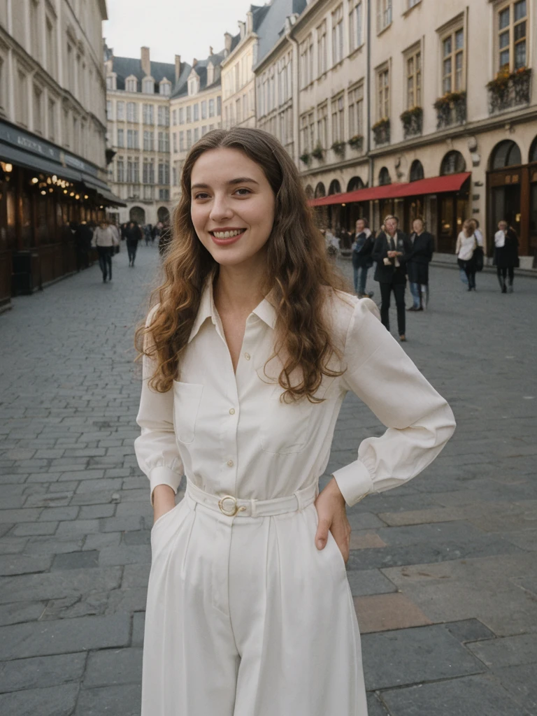 her name is Amelie, high quality, 1girl, ((25-year-old fit Caucasian woman)), ((25 years old)), ((BODY TYPE: HOURGLASS)), ((LONG CURLY HAIR)), SMILING, pose: standing, wearing Well-dressed Generation-Z modern wear VARIETY colored, BACKGROUND: "Strolling through the Grand Place, with its Flemish architecture and lively atmosphere."
