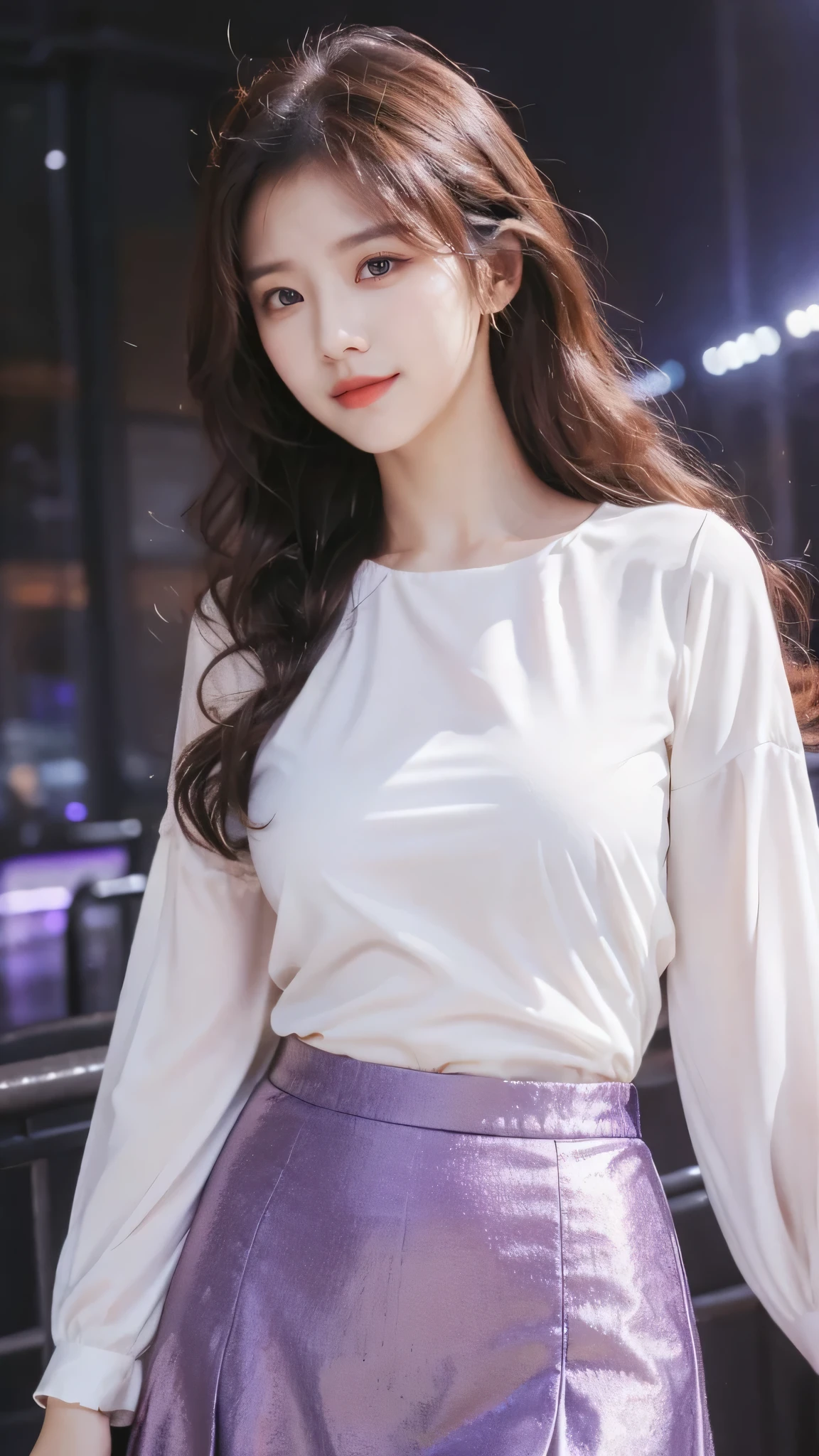 detailed background, masterpiece, best quality, 1 person , curly hair, long hair, purple eyes, star in eye , white  blouse, long  skirt, covering whole body 