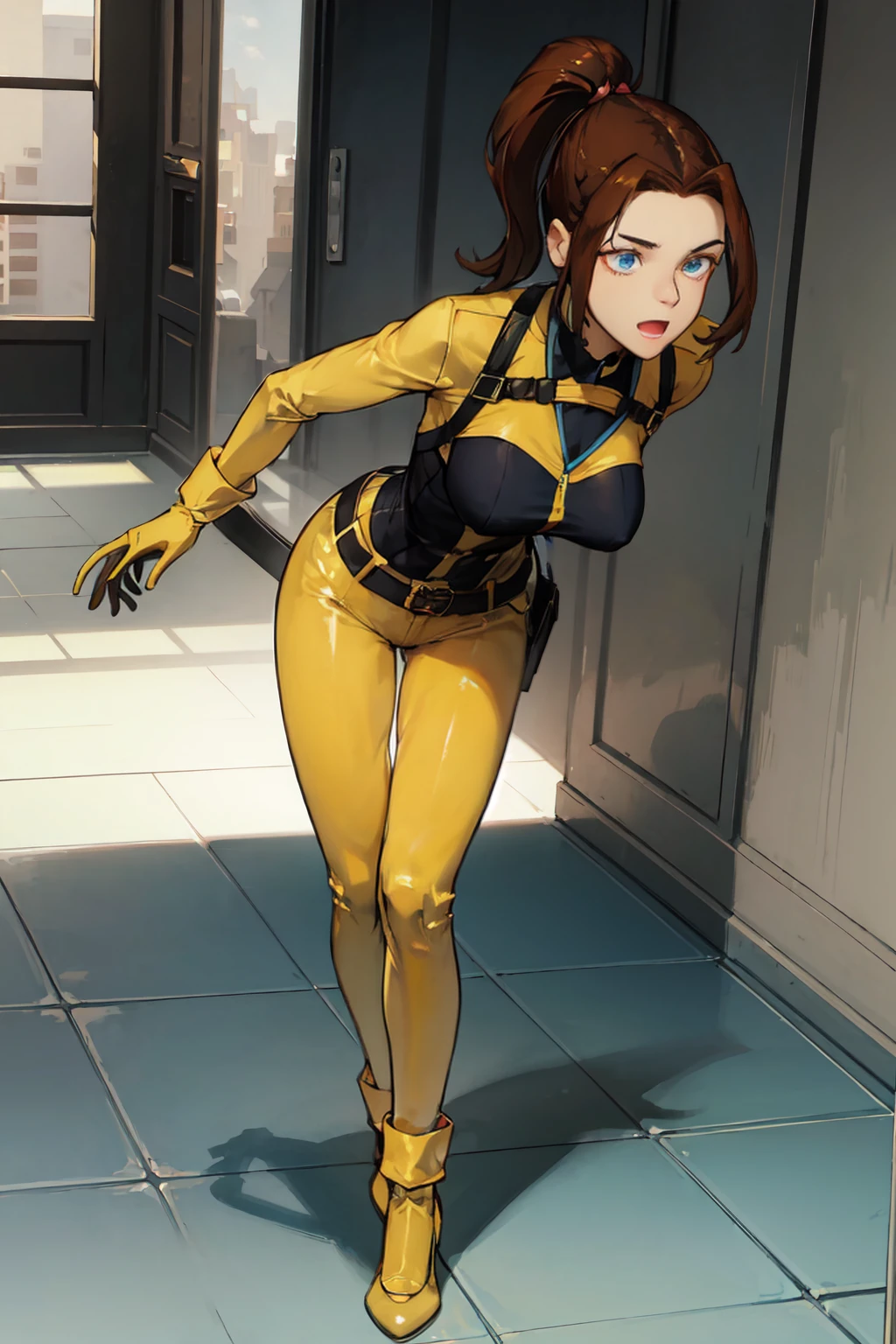 ((Full body photo, standing, on the floor))KittyPryde_Shadowcat_ownwaifu, 1girl, brown hair, ponytail, lipstick, blue eyes, makeup, hair ornament, red lips, long hair, breasts, high ponytail, hair bobbles, medium breasts, gloves, belt, bodysuit, yellow gloves,    absurdres, ultra detailed, masterpiece, best quality, aesthetic, detailed,