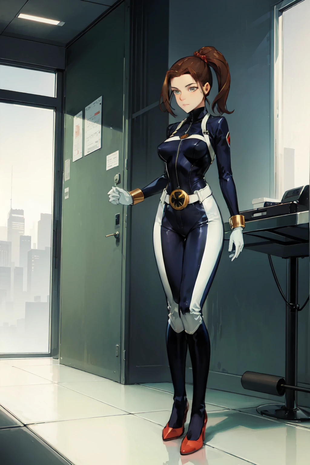((Full body photo, standing, on the floor))KittyPryde_Shadowcat_ownwaifu, 1girl, brown hair, ponytail, lipstick, blue eyes, makeup, hair ornament, red lips, long hair, breasts, high ponytail, hair bobbles, medium breasts, gloves, belt, bodysuit, yellow gloves,    absurdres, ultra detailed, masterpiece, best quality, aesthetic, detailed,