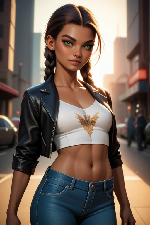 Woman with an athletic and toned physique; striking features with high cheekbones; green eyes; long, dark brown hair in intricate braids; olive skin; best quality; trending on artstation; complex volumetric lighting; strong shadows; artistic lighting; dynamic; energetic vibe; realistic skin; specular highlights; micro-textures; highly detailed hair; posing confidently by the city docks; leather jacket; gang leader; denim jeans