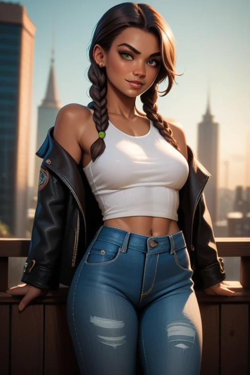 Woman with an athletic and toned physique; striking features with high cheekbones; green eyes; long, dark brown hair in intricate braids; olive skin; best quality; trending on artstation; complex volumetric lighting; strong shadows; artistic lighting; dynamic; energetic vibe; realistic skin; specular highlights; micro-textures; highly detailed hair; posing confidently by the city docks; leather jacket; gang leader; denim jeans