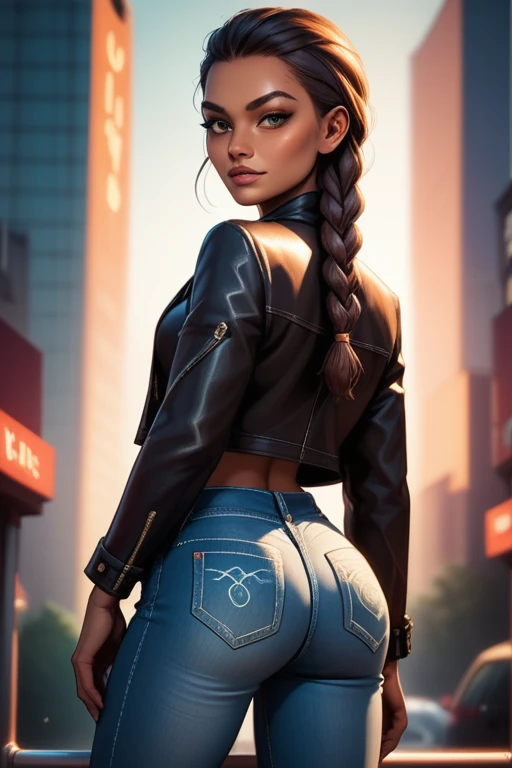 Woman with an athletic and toned physique; striking features with high cheekbones; green eyes; long, dark brown hair in intricate braids; olive skin; best quality; trending on artstation; complex volumetric lighting; strong shadows; artistic lighting; dynamic; energetic vibe; realistic skin; specular highlights; micro-textures; highly detailed hair; posing confidently by the city docks; leather jacket; gang leader; denim jeans