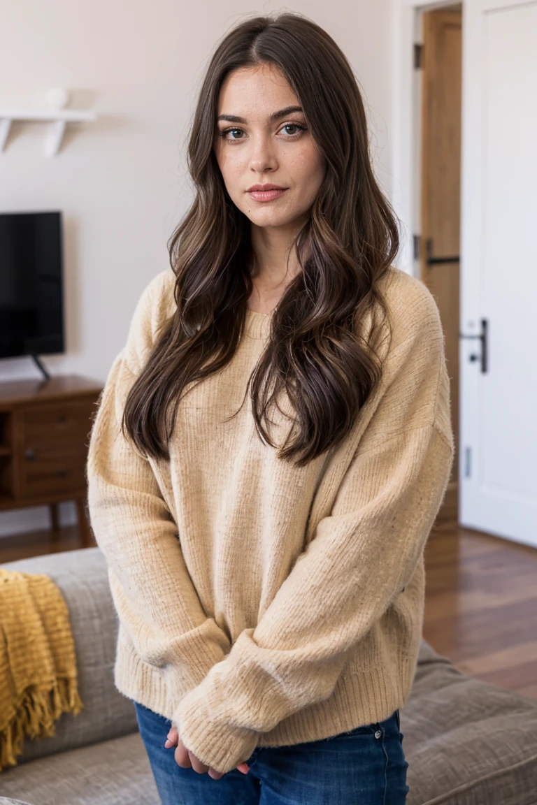 a beautiful girl, face detail, brown eyes, caucasian type, standing still in a living room, position séduisante,