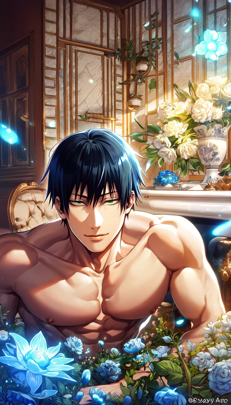 absurdres, highres, ultra detailed, HDR, master piece, Fushiguro Touji, black hair, expressive green eyes, bare chest, toned chest, Jujutsu Kaisen, sexy man, room, handsome, best quality, flowers, fantasy, magical, solo, blue shining fireflies, blue petals, sensual, handsome smile