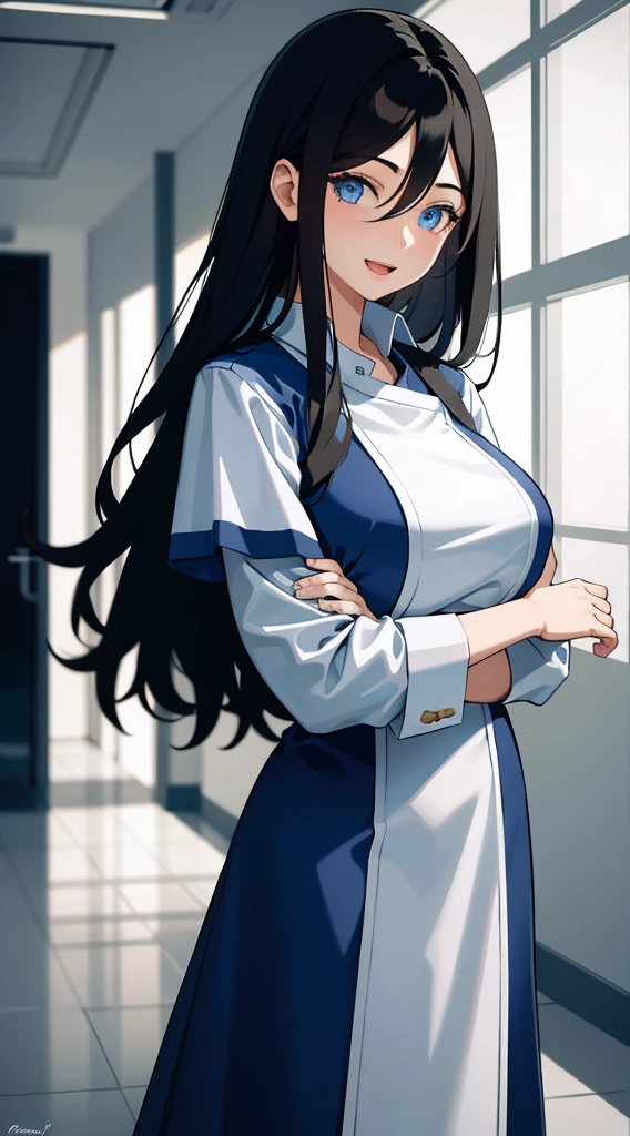 (masterpiece), (best quality), (ultra-detailed), ((girl, 29 years old)), an extremely delicate and beautiful, detailed eyes, minute details, (black hair, long hair, straight hair, hair between eyes), ((big breasts)), smile, open mouth, ((beautiful eyes)), (blue eyes), (upper body), she is wearing a blue dress, (detailed clothes), (detailed background, in a hospital, hospital hallway), (monochrome)