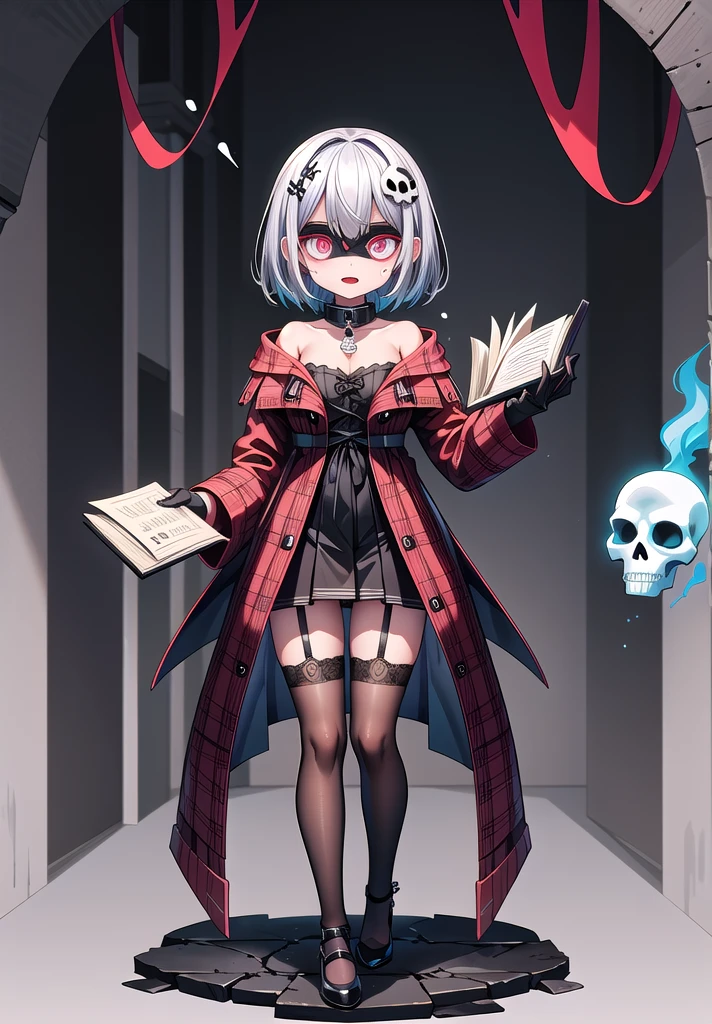 Night view), fear, oni girl, Corpse,Holding a book,Girl skull mask, Hell Portraits, Necronomicon, , Hoodie,Gloves,shadow, HD, high quality,ghost,Full body picture,Socks of different lengths,Skull Collar,Leg ring,Garter stockings,Leg ring,float,Standing picture