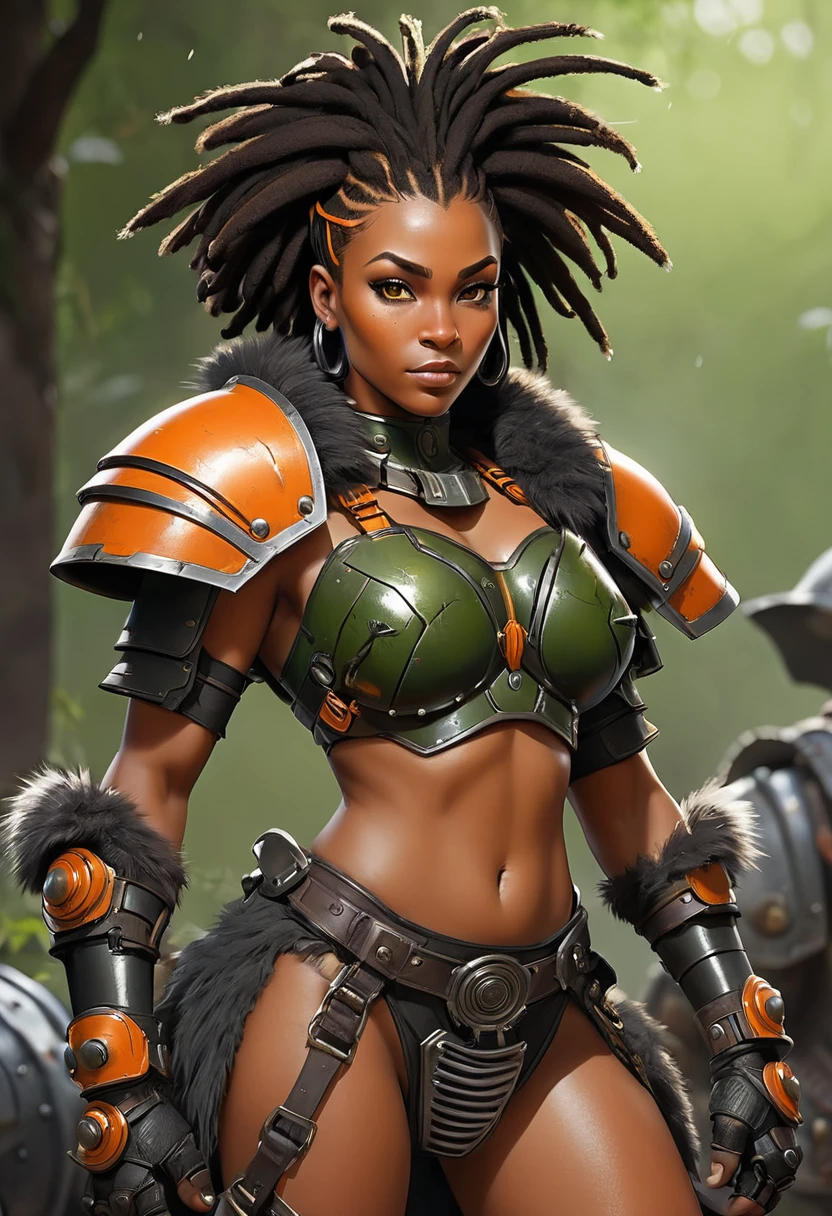 imagine a high tech barbarian combining futuristic heavy orange power armor with primitive (barbaric furs) and loin cloth, her outer armor is a bold orange while her under layers are a dark green. under the armor liner covers her upper body and arms under the armor. The power armor has chipped pain and scratches from many battles, it has rivets and a very heavy looking chest plate, there are hoses on the chest plate. visible wires pistons and gears connect the shoulder pads to the armored gloves. She is a muscular African woman with her short hair pulled back in dreadlocks. Black fur lines the shoulder pads, she wears a (black fur loincloth:1.1), bare legs, bare thighs. Fur boots