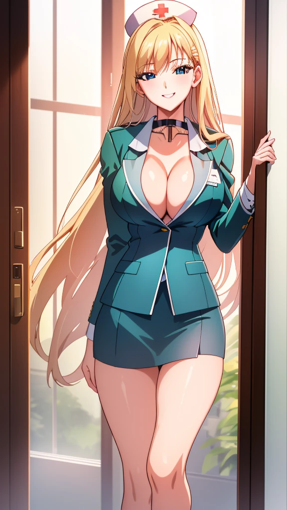 (Of the highest quality:1.5, High resolution, 超High resolution, 4k, detailed lighting, Shaders, perfect hand anatomy), straight blonde hair, big breasts, nurse uniform, neckline, thighs, smile, to throw, close up photography, They are standing, Hospital history