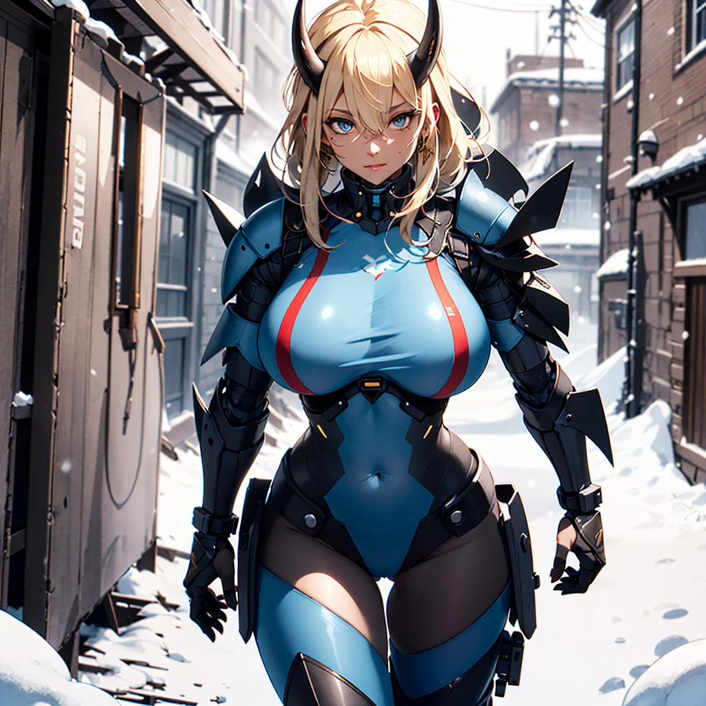 ((best quality)), ((masterpiece)), (detailed), 1girl, 8k_wallpaper, extremely detailed eyes, extremely detailed body, (large masterpiece digital art), ((perfect anatomy huge chest)), (intricate details:1.3 ), (ultra-detailed:1.3), (sharp focus:1.3), (natural lighting:1.05), (vivid colors:1.3), (best quality:1.4), high quality, expressive eyes, detailed face, beautiful face, perfect face, detailed ((blonde hair)), (gold eyes), ((large blue horns)), {{dark skin}}, ({dark skinned female}), gigantic breasts, nipple and belly piercings, beautiful powerful and prominent muscles of the abdomen and legs, powerful muscles of the arms, dressed in heavy combat steel cyber close armor of a dark red steel color, a military radio hanging on her belt, she is dressed in heavy steel closed-type cyber armor, a heavy armored cyber exoskeleton, powerful armor covers her entire body, she stands on a winter evening in the middle of the ruins of the old city next to a fantastic cyber military SUV against the backdrop of high snowy mountains, it is snowing,