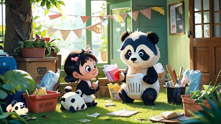 The panda cub learns about garbage sorting from his teacher