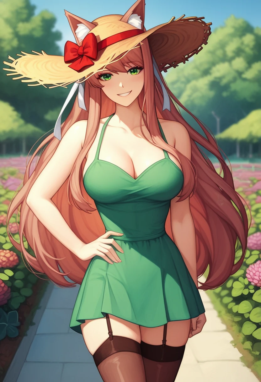 ((masterpiece, best quality:1.2))((coral brown hair))((emerald green eyes)),solo,1girl,monika(doki doki literature club),(standing_fox_ears), (high_stockings), ((long summer dress with straw hat)), (not sexual pose), (smile expression), (close up photo)