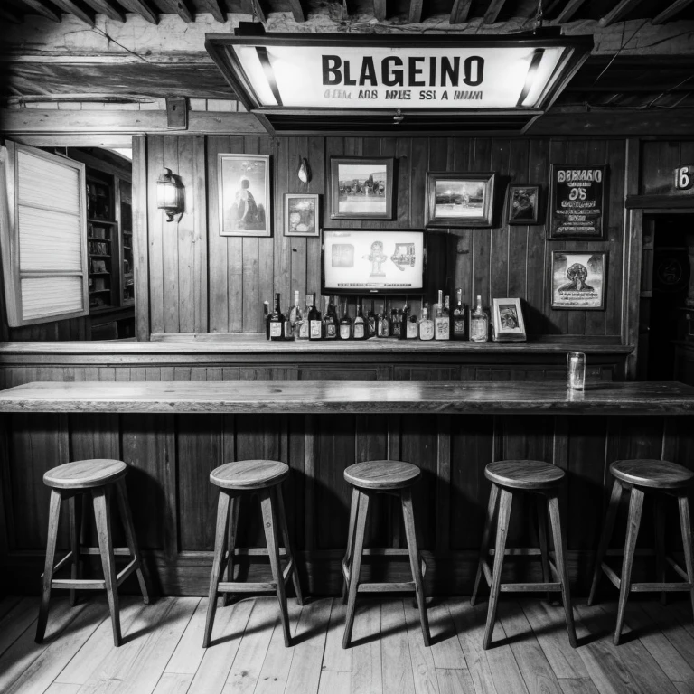 Generate an image of an old bar in Argentina. The bar has a nostalgic atmosphere, with wooden tables and chairs, walls decorated with black and white photographs and old advertising posters. In a corner of the bar, on a shelf, a classic television from the 60s is found, with a tube screen and a wooden casing. The TV is on, showing a black and white image from a television show from that era. The bar's soft lighting creates a warm and welcoming atmosphere... The image must have central focus since it is for the cover of a musical album about tango. The presence of a vintage television in the central part of the image is important .