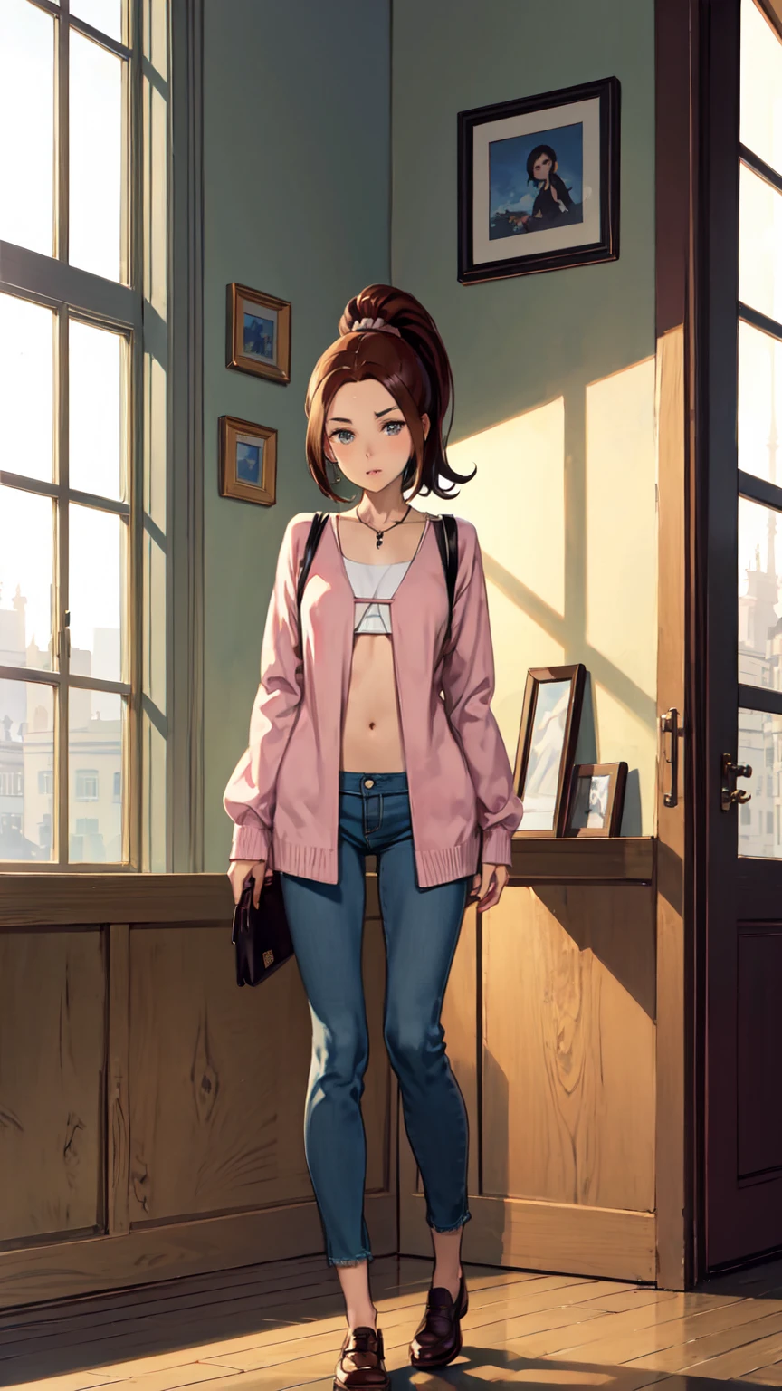 ((Full body photo, standing, on the floor)) KittyPryde_Dress_ownwaifu, 1girl, brown hair, ponytail, necklace, jewelry, blue eyes,  lipstick,long sleeves, lips, long hair, medium breasts, blush, hair bun, scrunchie, makeup, red lips, hair ornament, jeans, denim,  shirt, blue pants, navel, capri pants, pink jacket, cardigan,  absurdres, ultra detailed, masterpiece, best quality, aesthetic, detailed,