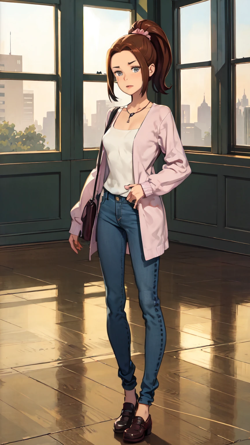 ((Full body photo, standing, on the floor)) KittyPryde_Dress_ownwaifu, 1girl, brown hair, ponytail, necklace, jewelry, blue eyes,  lipstick,long sleeves, lips, long hair, medium breasts, blush, hair bun, scrunchie, makeup, red lips, hair ornament, jeans, denim,  shirt, blue pants, navel, capri pants, pink jacket, cardigan,  absurdres, ultra detailed, masterpiece, best quality, aesthetic, detailed,