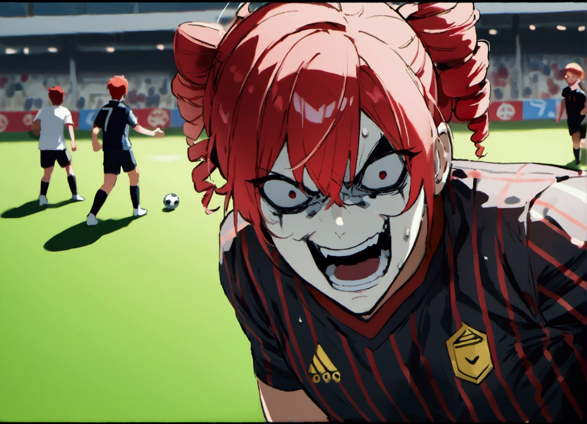 Red hair, plays soccer, grim face