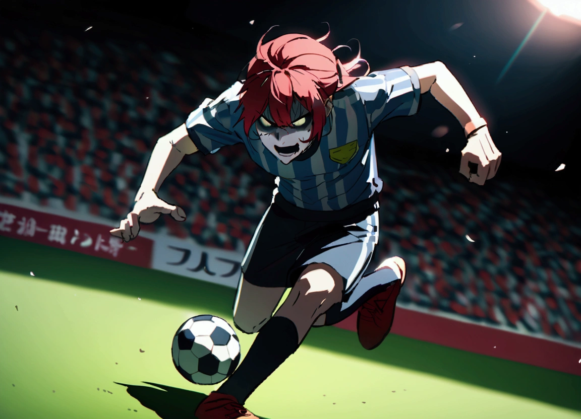 Red hair, plays soccer, grim face