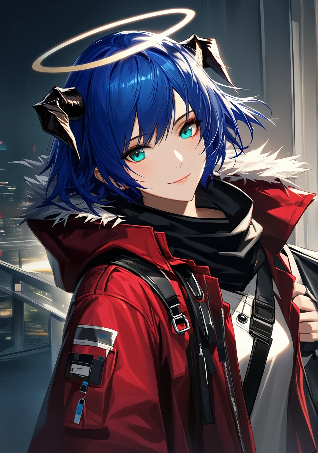 (woman), ((Mostima from arknights)), masterpiece, best quality, blue hair, ((short hair)), horns, plain white shirt, red fullbody coat, red hood, dark blue eyes, realistic anime style, smiling, ((portrait)), black gloves, carring a bag, halo.